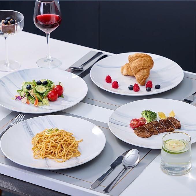 bestone Dinner Plates, 10.5 Inch Plates Set of 6, Porcelain Round Dessert Salad Dinner Plates, Serving Dishes for Kitchen, Dishwasher, Microwave, Freezer, Oven Safe, Marble Blue