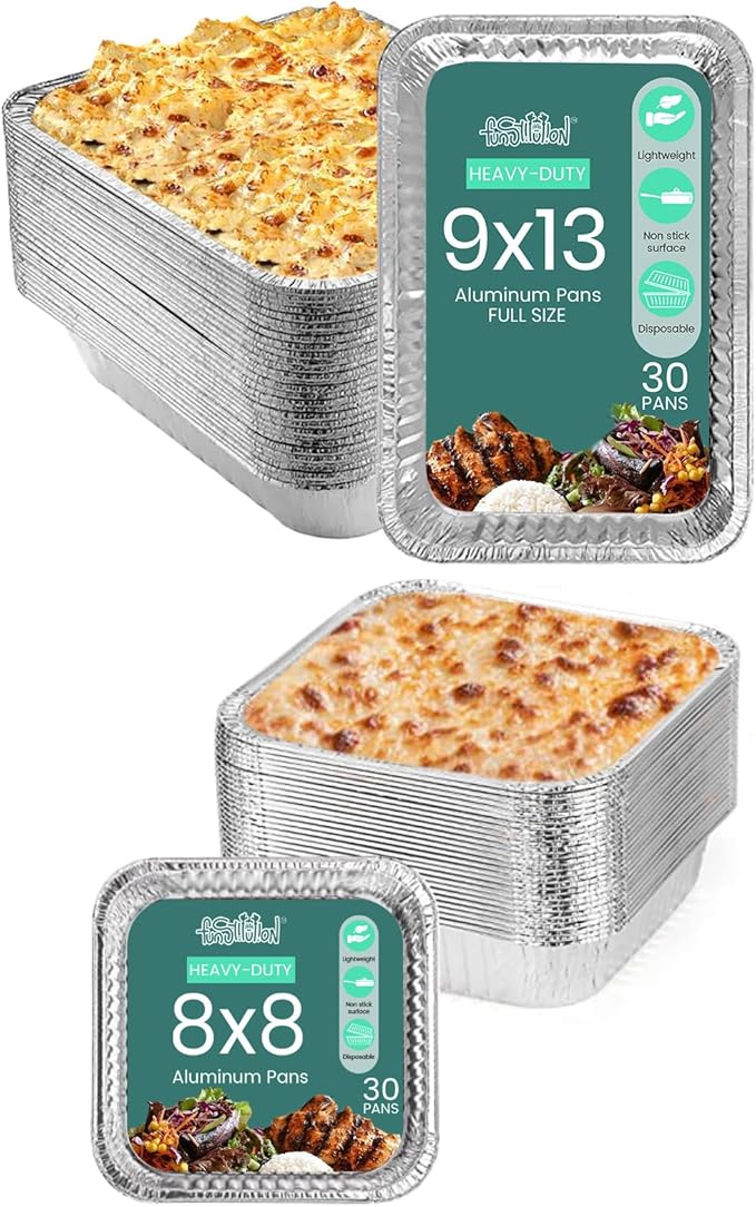 FUNSTITUTION Aluminum Foil Pans 9x13 & 8x8 (60 Pack) - Tin Foil Pans with High Heat Conductivity - Disposable Aluminum Tray Cookware For Baking, Grilling, Cooking, Storing, Prepping