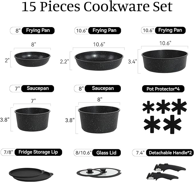 15PCS Pots and Pans Set Non Stick, Kitchen Cookware Sets with Detachable Handle, Ceramic Cookware Sets, Non Stick RV Cookware Cooking Set, Dishwasher ＆ Oven Safe, PFOA Free, Black