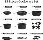 15PCS Pots and Pans Set Non Stick, Kitchen Cookware Sets with Detachable Handle, Ceramic Cookware Sets, Non Stick RV Cookware Cooking Set, Dishwasher ＆ Oven Safe, PFOA Free, Black