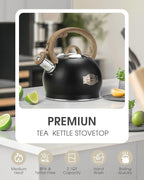 Tea Kettle Stovetop, Black Tea Kettles-2.1 Quart Loud Whistle Stovetop Teapot,Food Grade Stainless Steel with Wood Pattern Handle, Unique Button Control Kettle Outlet for Tea, Coffee