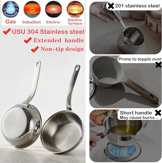 Mini Egg Pan, 304 Stainless Steel Omelet Pan, 5.1Inch Sauce Pan Mini Skillet for Egg Frying Pan, Butter Warmer Small Pot Cooking with 10.5" Scraper