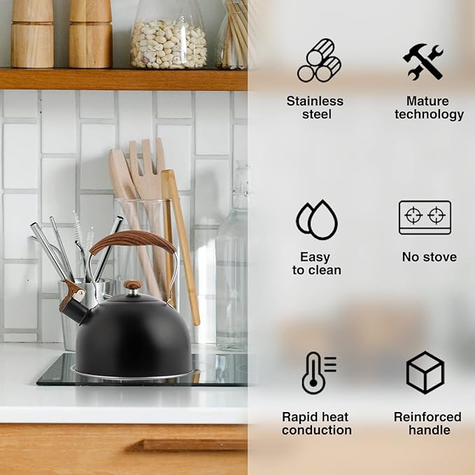 Whistling Tea Kettle 2.5L, Stainless Steel Kettle with Wood Pattern Folding Handle, for Tea Coffee (Black)