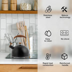 Whistling Tea Kettle 2.5L, Stainless Steel Kettle with Wood Pattern Folding Handle, for Tea Coffee (Black)