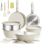 21PCS Nonstick Ceramic Pots and Pans, Ceramic Cookware with Detachable Handle, RV Kitchen Cookware Set, Cookware Set with Removable Handles, Oven Safe, Stackable Storage