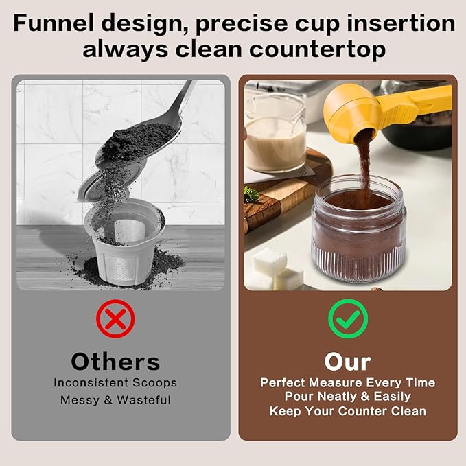 2-in-1 Coffee Scoop with Funnel, 2 Teaspoon Measuring Spoon for Reusable Pods, Ground Coffee, Protein Powder & Tea, Mess-Free Plastic Design (Yellow)