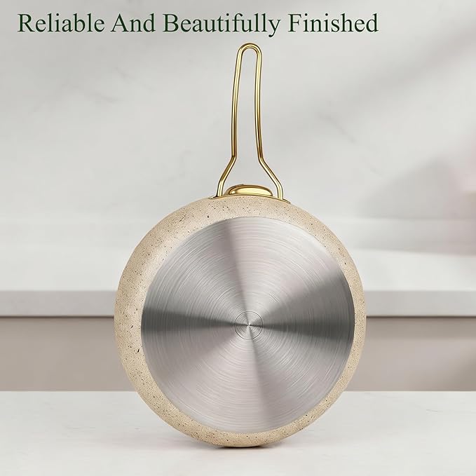 Fully Clad 5-Ply Stainless Steel Cookware Set, 12Pcs Nonstick Pots and Pans Set with Stay-Cool Handles, Induction Compatible, Stackble Design, Includes with Frying Pan, Saucepans and Saute Pan (Beige)