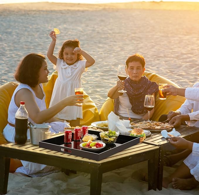 24×24 inches Oversized Black Acrylic Ottoman Tray Extra Large Decorative Tray Spill-Proof Serving Trays with Handles King-Size Safe Edge Organizer for Coffee Table Countertop Breakfast