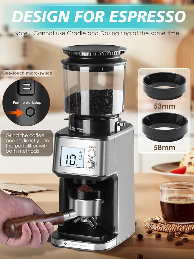 Homtone Conical Burr Coffee Grinder – 51mm Stepless Electric Espresso Grinder with Grind Settings, Automatic Timer, Low Noise, with Portafilter Holders, for Home and Commercial Use, Grade for Baristas