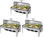 ROVSUN 3-Pack Roll Top Chafing Dish Buffet Set,9 Quart Full Size Pan Chafer, NSF Stainless Steel Rectangular Setfor Wedding,Parties,Banquet, Catering Events