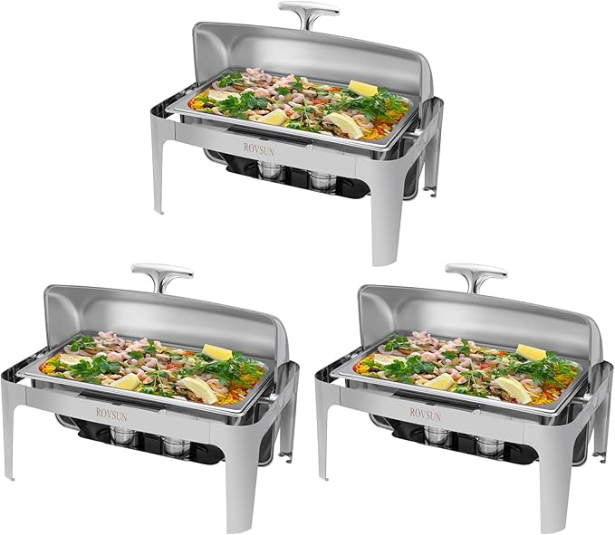 ROVSUN 3-Pack Roll Top Chafing Dish Buffet Set,9 Quart Full Size Pan Chafer, NSF Stainless Steel Rectangular Setfor Wedding,Parties,Banquet, Catering Events