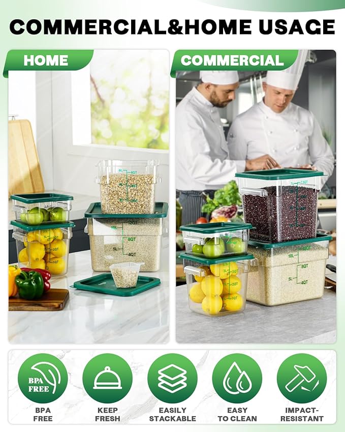 4QT NSF Food Storage Containers: 8 PCS [Food Grade][Hot&Cold Resistant] Commercial Clear Food Storage Containers with Lids for Restaurant Kitchen Proof Dough, Measuring Spoons Included(Green)