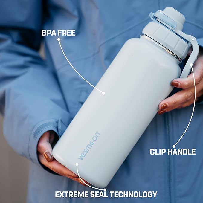 Vesmoon Vessence 32 Oz Stainless Steel Tea Infuser Bottle for Loose Leaf Tea, Water, Herbs, Fruits - Triple Layered Insulated, Leak Proof Bottle with Lid and Clip Handle - 24 Hours Hot/Cold