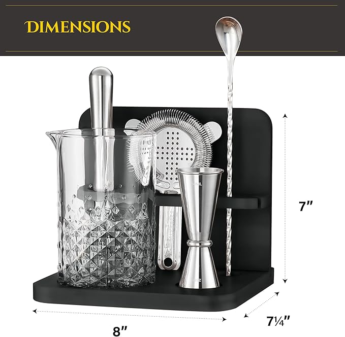 Crystal Cocktail Mixing Glass Set with Bamboo Stand - 22 Oz 650ml - Thick and Sturdy Bottom, Durable and Seamless Design with Bar Accessories