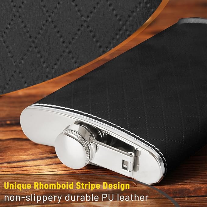 Flask For Men,350ml/12oz Hip Flask, 304 Food Grade Stainless Steel,2 Cups And Funnel Portable Gift Bbox For Whiskey Rum Groomsman Best Man Usher Wedding-Leather Rhomboid Stripe Black