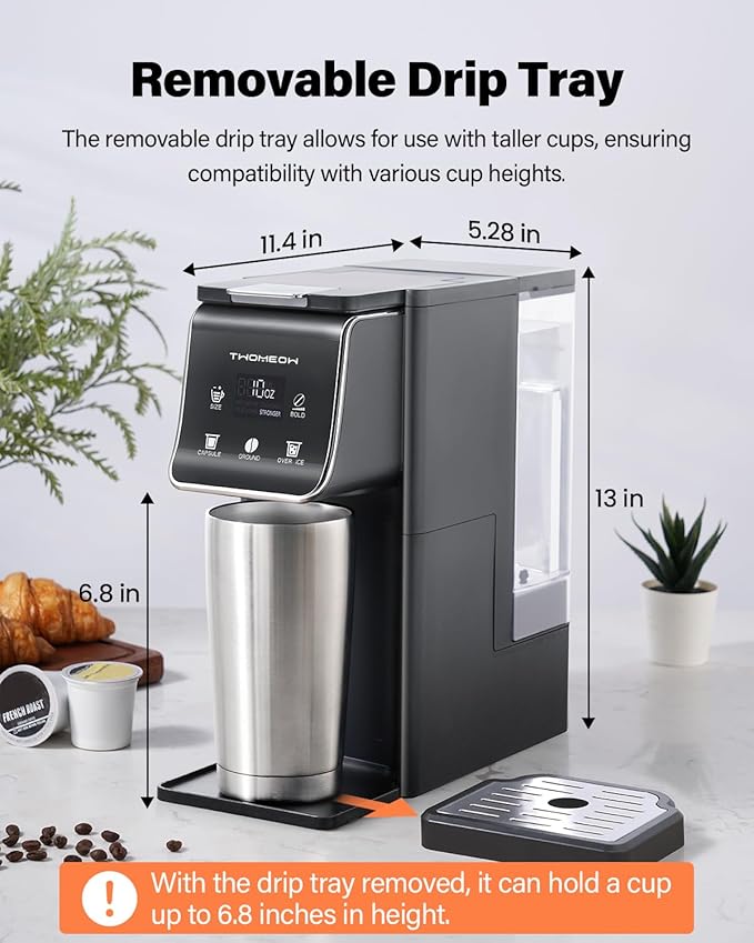 K Cup Coffee Maker With Bold Setting, Single Serve Hot & Iced Coffee Maker for K-Cup and Grounds, 52oz Removable Reservoir, 6 to14oz Brew Sizes, Pod Coffee Machine With Reusable Filter, Gray