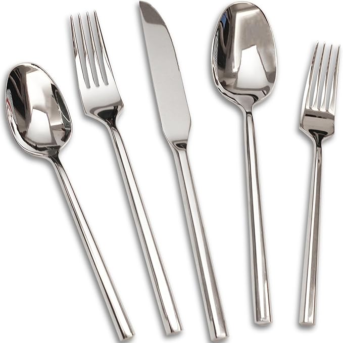 18/10 20-Piece Silverware Set, Hexagonal Flatware Set Stainless Steel, Modern Cutlery Set, Service for 4, Mirror Finish Dishwasher Safe
