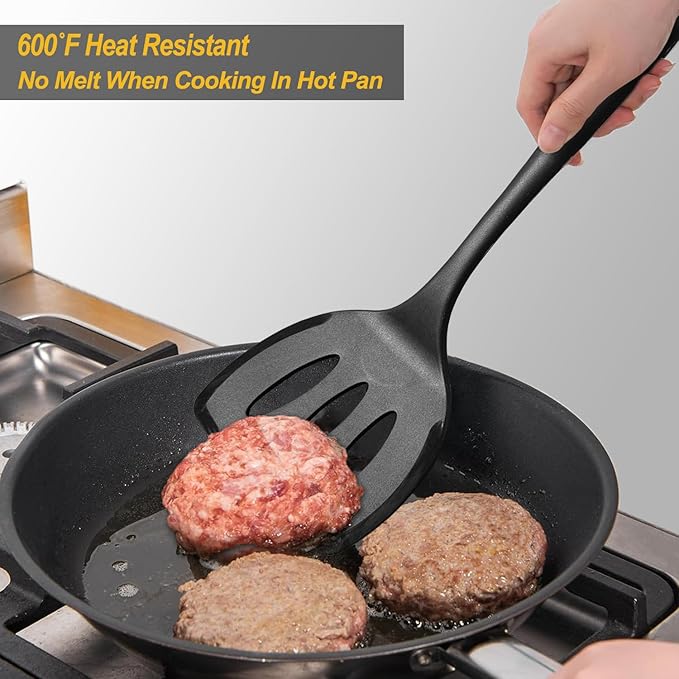 Silicone Pancake Spatula Turner with Lengthened Handle& Seamless Design, Heat Resistant Slotted Flipper for Nonstick Cookware, Large Flexible Kitchen Utensils for Egg, Pancake, Burger, Black