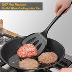 Silicone Pancake Spatula Turner with Lengthened Handle& Seamless Design, Heat Resistant Slotted Flipper for Nonstick Cookware, Large Flexible Kitchen Utensils for Egg, Pancake, Burger, Black