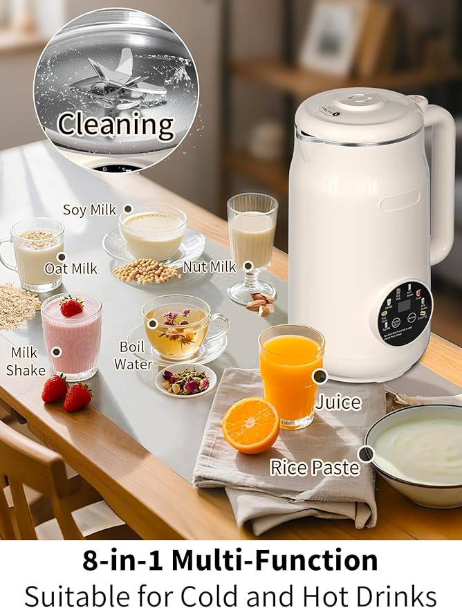 8 in 1 Nut Milk Maker Machine, 50Oz/1.5L Automatic Soy Milk Maker, 10 Blades Blender for Smoothies, Oat, Almond, Juice, Baby Food, with 12H Delay Start, Keep Warm, Boil Water, Self Cleaning