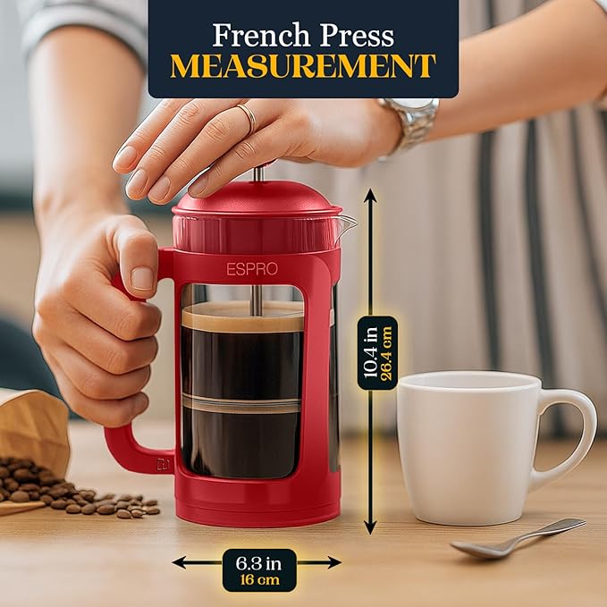 ESPRO P3 French Press Coffee Maker – Patented Double Micro-Filter for Grit-Free Brew, Heat Resistant thicker Borosilicate Glass Coffee press – Red (32oz)