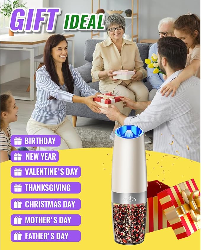 Rongyuxuan Gravity Salt and Pepper Mill Set, Electric Automatic Pepper Grinder Mill Shaker with Battery Powered,Stainless Steel,Blue LED Light,Adjustable Coarseness,One Hand Use,Khaki