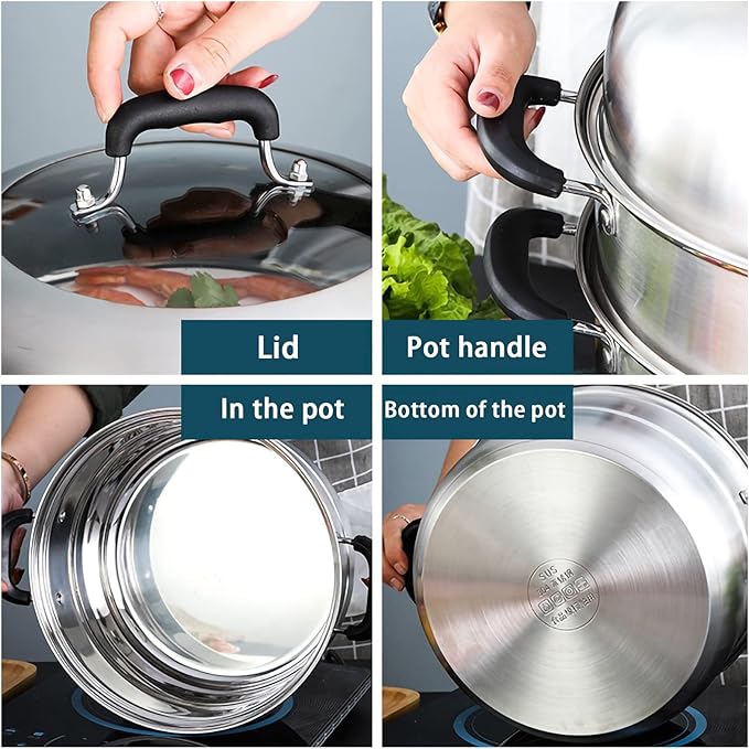 MANO Steamer Pot for Cooking 11 inch Steam Pots with Lid 2-tier Multipurpose Stainless Steel Steaming Pot Cookware with Handle for Vegetable, Dumpling, Stock, Sauce, Food
