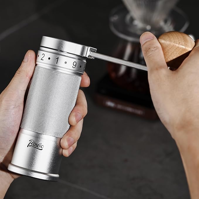 Bincoo Manual Coffee Grinder with Foldable Handle– External Setting Hand Coffee Grinder with Steel Burr,Compact and Portable for Home/Travel/Camping(Sliver)