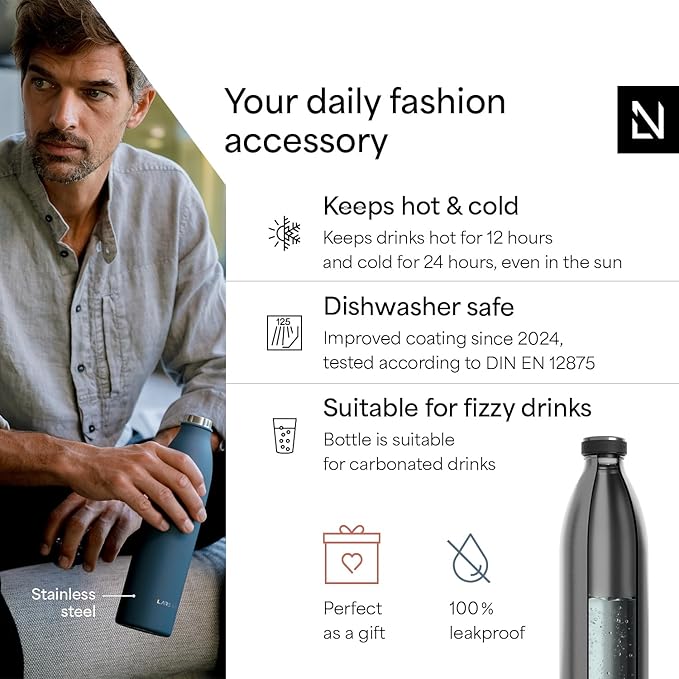 LARS NYSØM Stainless Steel Insulated XL Water Bottle 12oz 17oz 25oz 34oz 51oz | Insulated Thermo Flask for Hot and Cold Beverages | Leakproof Drinking Bottle (Stainless Steel, XL 50.7oz)