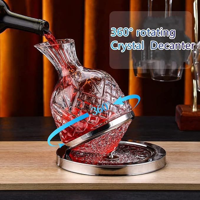 spinning wine decanter, 45 oz crystal rotating wine decanter with gift box, for wedding gift, birthday, banquet, supper