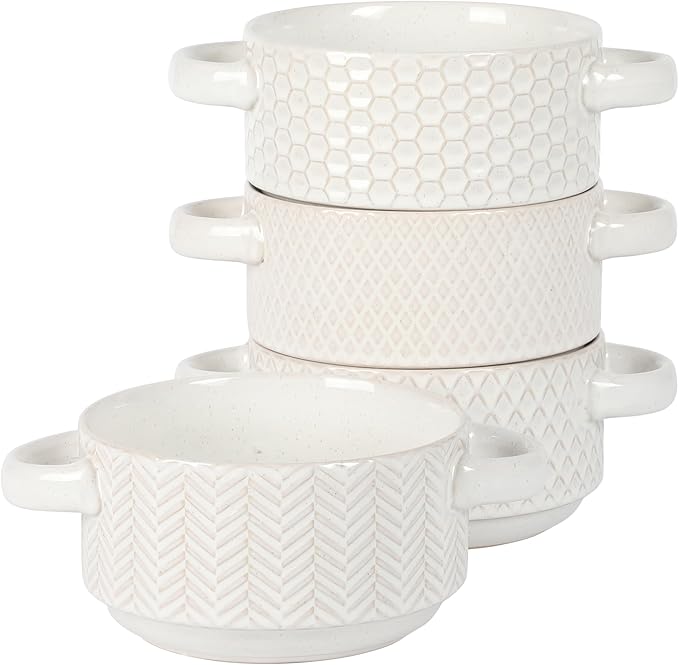 Gibson Elite Oyster Tide Embossed 6 Inch Soup Bowls with Handles. French Onion Soup Crocks, Stackable Soup Bowl, Chili, Beef Stew Reactive Glaze Stackable Ceramic Bowl, Set of 4, White