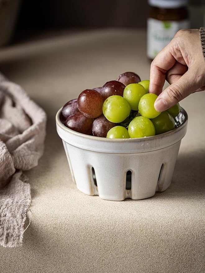 Gomakren Fruit Bowl with Holes, Ceramic Berry Basket Set of 2, 5.8 Inch Round Fruit Basket for Kitchen, Berry Containers Colander - Farmhouse Kitchen Decor, White