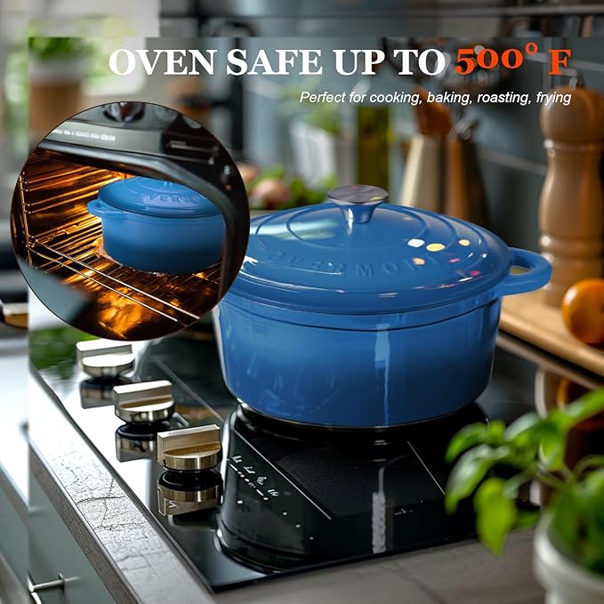 Overmont Enameled Cast Iron Dutch Oven - 4.5QT Pot with Lid Cookbook & Cotton Potholders - Heavy-Duty Cookware for Braising, Stews, Roasting, Bread Baking blue