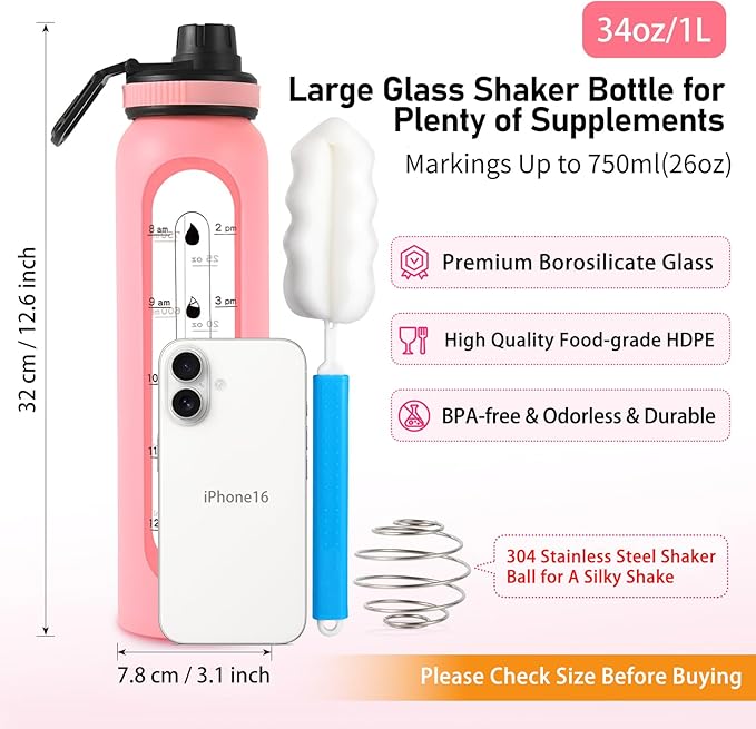Glass Shaker Bottle 34oz/1L Pink Glass Protein Shaker Bottle With Shaker Ball Large Shaker Bottles for Protein Mixes Portable Powder Mixer Blender Water Bottle for Gym Workout Sports