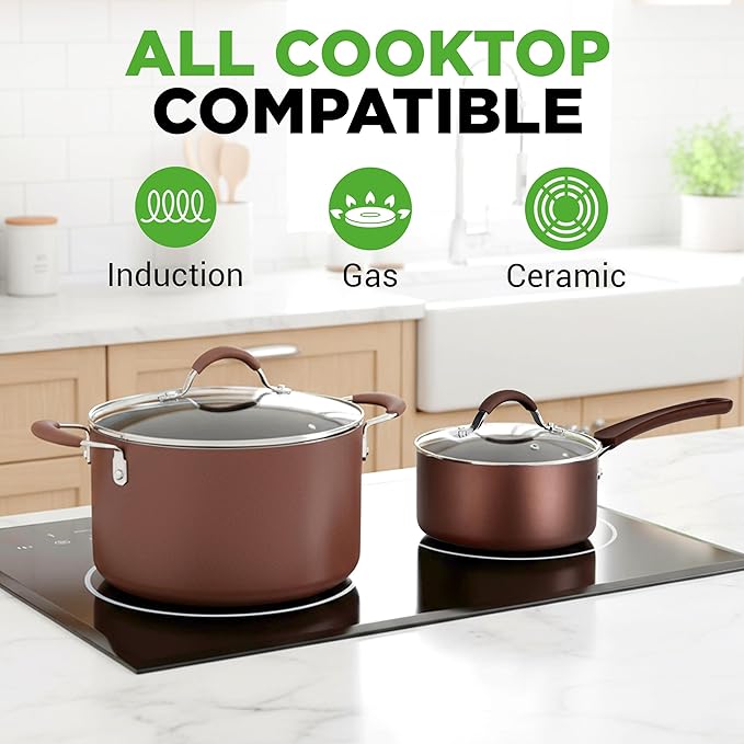 NutriChef 20 Piece Professional Home Kitchen Cookware and Bakeware, Pots and Pans Set Non Stick Kitchenware, Cool-Touch Handles, Safe for Gas, Electric, Induction Cooktops, Easy Clean, Brown