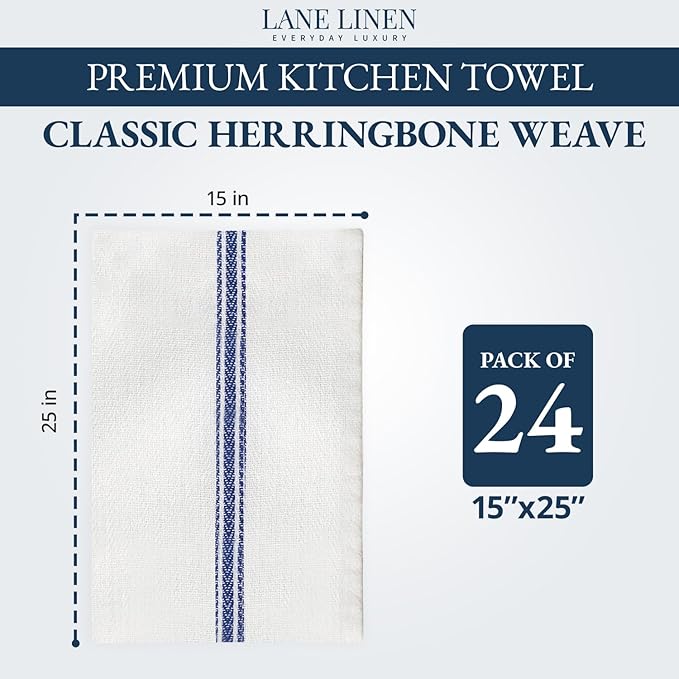 LANE LINEN Kitchen Towel Set - 24 Pack 100% Natural Cotton Absorbent Dish Towels for Kitchen, Reusable Wash Cloths, Machine Washable Hand Cloth, 14"x25", Soft & Durable - Blue Stripe