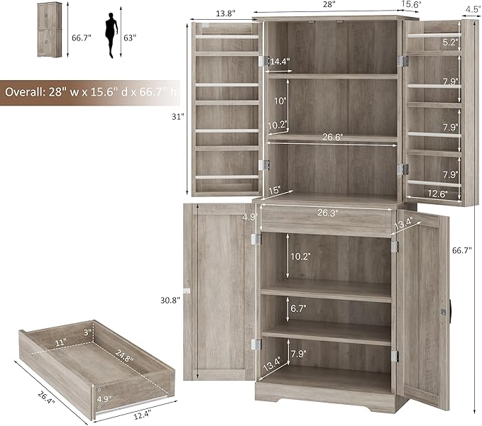 Shintenchi Kitchen Pantry Cabinet, Freestanding Farmhouse Storage Cabinet with 8 Door Shelves, 2 Cabinets and 1 Drawer, Tall Cupboard for Kitchen, Living Room, Dining Room and Bathroom, Ash Gray
