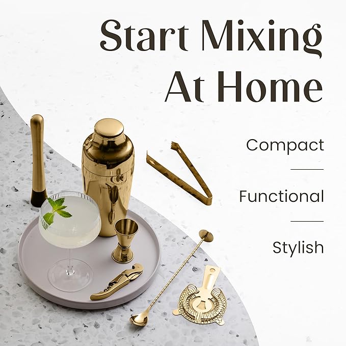 Mixology & Craft Bartender Kit – 15-Piece Cocktail Shaker Set with Bar Tools, Premium Stainless Steel Drink Mixer Accessories for Home Bar, Includes Bamboo Stand, Plus Exclusive Recipe Cards (Gold)