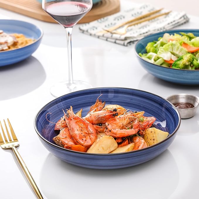 KitchenTour Ceramic Pasta Bowls - Large Salad Bowls Porcelain Serving Bowl Set 26 Ounce - 8 Inch Soup Bowl - Dishwasher and Microwave Safe - Set of 6, Assorted Cool Colors