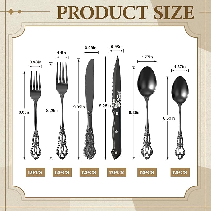 Black Gothic Silverware Set for 12, 72 Pcs Royal Silverware Flatware Set with Black Spoons Forks Knives, Stainless Steel Mirror Vintage Utensil, Dishwasher Safe