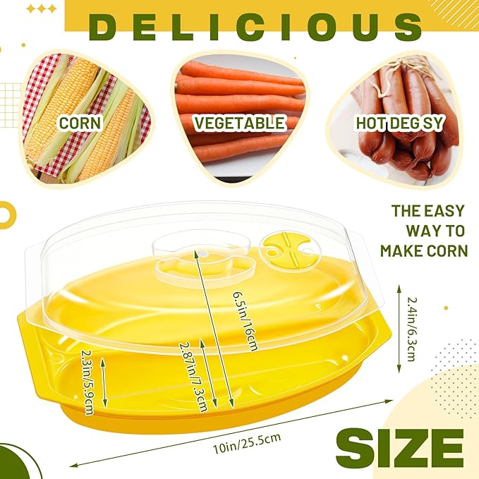 1 Pcs Microwave Corn Steamer with Lid for Frozen Corn Broccolini Vegetables on The Cob, Fast & Easy, 2 Pcs at Once, Vented Lid, Dishwasher Safe, Microwave Dishes Steamer Kitchen Tool (Yellow)