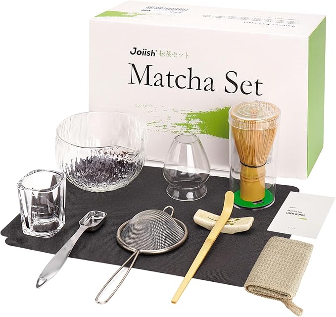 10-Pcs Matcha Whisk Set Kit, Whisk and Bowl with Spout & Measuring Spoon & Cup, Japanese Matcha Tea Making Tools, Transparent Textured Glass