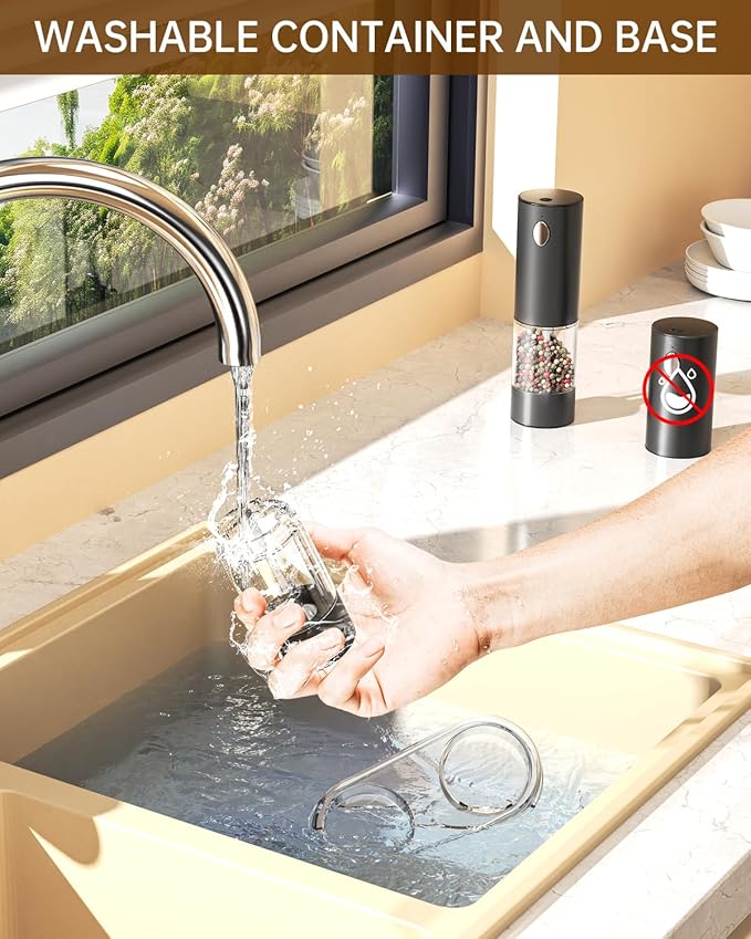 CIRCLE JOY Electric Salt and Pepper Grinder Set Rechargeable Salt and Pepper Mills with Storage Base, Adjustable Coarseness and LED White Light, Washable 95ml Container, Black & White