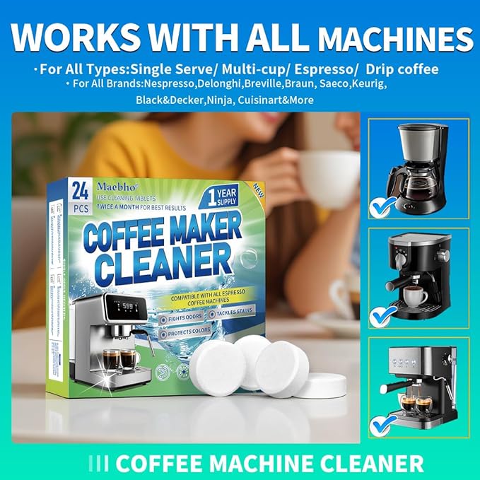 Coffee Maker Cleaner & Descaler Tablets - 24 PCS Uses for Keurig, Ninja, Breville, Delonghi, Miele, Jura and More, Coffee Machine Claening Tablets Removes Limescale -1Year Supply