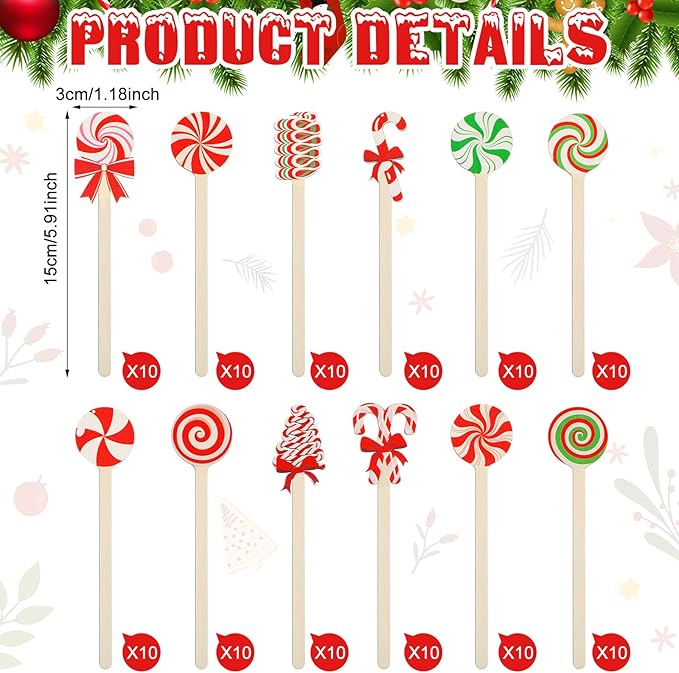 Jinei 120 Pcs Pastel Christmas Wooden Coffee Stirrers Candy Style Stir Sticks Disposable Drink Stirrers for Christmas Chocolate Milkshake Restaurant Home Office Supplies