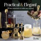 Barillio Gold Bartender Kit - Stainless-Steel Cocktail Shaker Set w/Black Bamboo Stand - Mixology Bar Tools w/Drink Shaker, Mixer, and Muddler for Cocktails - Home Bar Accessories - 23-Pc Bar Set