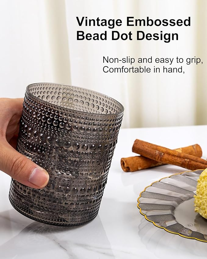 YOUBET 24PCS Plastic Drinking Glasses - 14OZ Black Hobnail Drinkware Glasses - Vintage Glassware Textured Beaded Cups for Water, Beer, Whiskey, Juice and Various Mixed Drinks, halloween