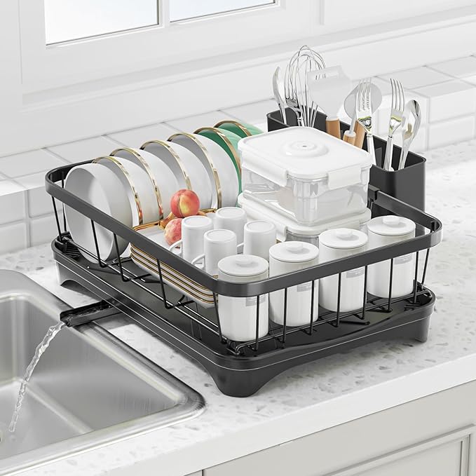 Dish Drying Rack with Drainboard - Space Saving Single Layer Drying Rack,Large Capacity Kitchen Organizer with Utensil Holder & Cutlery Tray, Countertop Dish Drainer Black