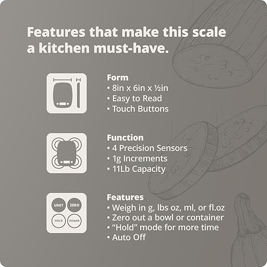 Greater Goods Compact Digital Kitchen Scale – Accurate Food Scale for Baking, Meal Prep, 4 Measuring Units, 11lb/5kg