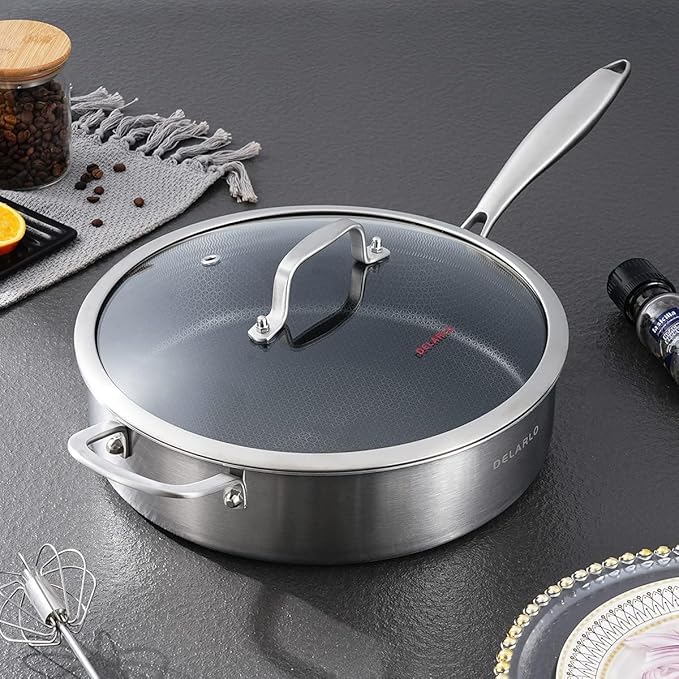 DELARLO Tri-Ply Stainless Steel 7QT Jumbo Cooker Saute Pan With Lid, Nonstick 12.5 Inch Deep Frying Pan, Induction Large Skillet, Cooker Pan for Chefs, Dishwasher & Oven Safe